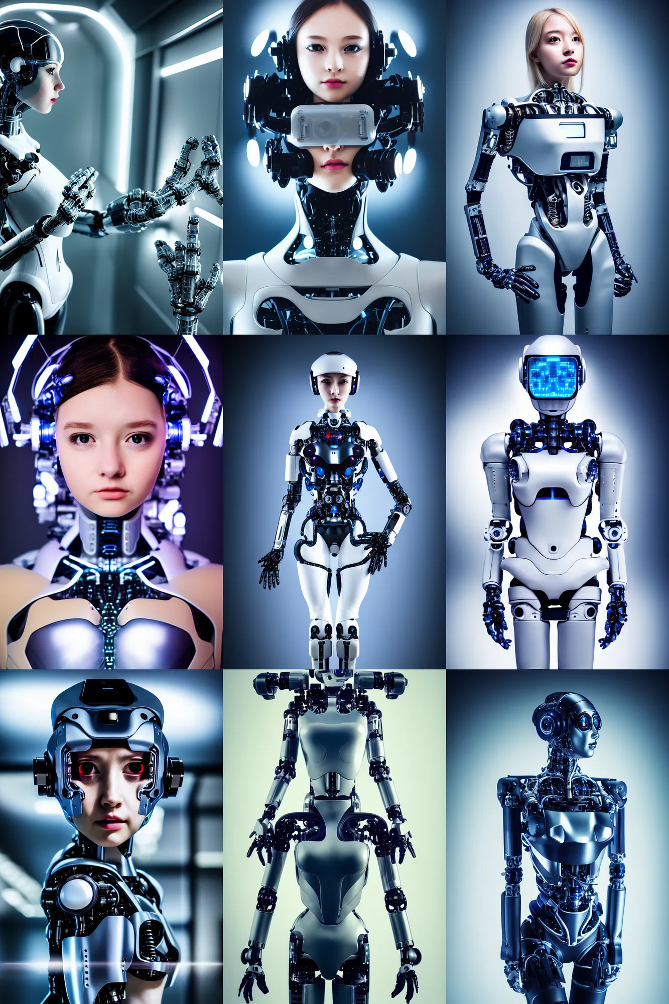 Prompt: cybernetic high tech cute girl, sci - fi, cyberpunk, futurism, exoskeleton, strong artificial intelligence, symmetry, cinematic, elegant, luxury, professional studio light, perfect composition, dlsr photography, sharp focus, 8 k, ultra hd, sense of awe, highly detailed, hyper realistic, intricate, science journal cover