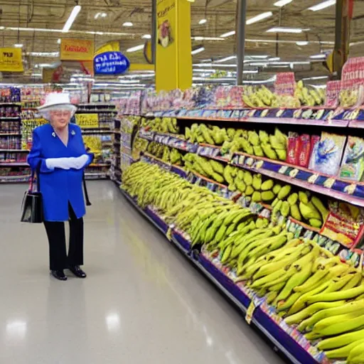 Prompt: Queen Elizabeth shopping for bananas at Wal-Mart