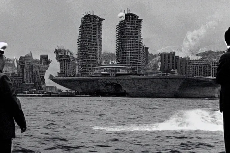 Prompt: a filmstill of Kim Jong-il looking at Pulgasari the starfish Kaiju monster destroying Pyongyang, in Dr Strangelove by Stanley Kubrick (1964), traditional Korean city, palace, epic ultrawide shot, cinemascope