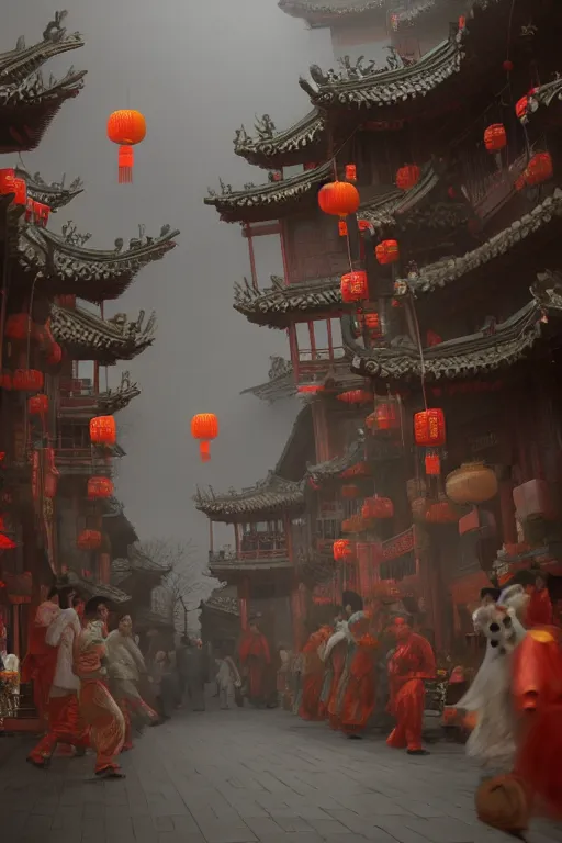 Image similar to on the night of the chinese new year's day, many chinese ghosts wander in the ancient chinese streets. the guiding line composition method, the tindal effect, the soft light, the cool color, by wu jinyuan, trending on artstation