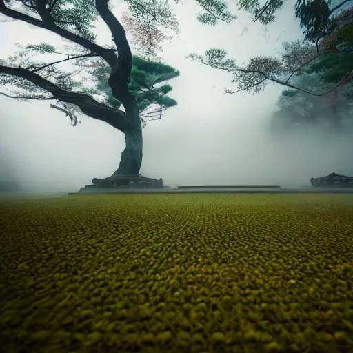 Image similar to detailed photo of a Japanese temple in the morning with mist around the ground, cinematic, golden ratio, beautiful, high detail