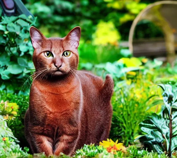 Prompt: photo - realistic picture of a brown cat in a garden.