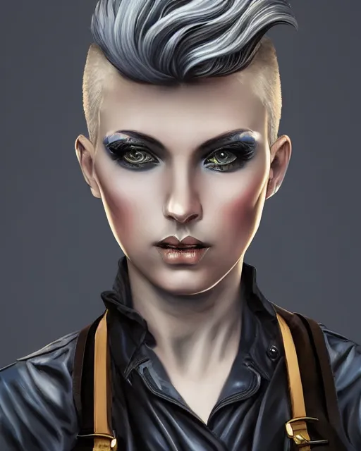 Prompt: a bust of a beautiful androgynous punk girl with short hair and beautiful eyes, beautiful face, wearing tall combat boots, who is a mechanic wearing overalls carrying a bag, digital concept art, detailed digital painting, ornate decorative border, by j. c. leyendecker and edward blair leighton and charlie bowater, trending on artstation