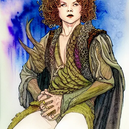 Image similar to a realistic and atmospheric watercolour fantasy character concept art portrait of adult shirley temple as a druidic warrior wizard looking at the camera with an intelligent gaze by rebecca guay, michael kaluta, charles vess and jean moebius giraud