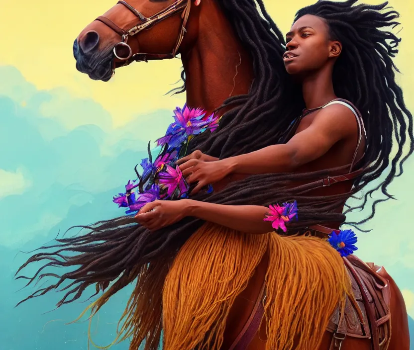 Prompt: full body portrait of young black woman riding a horse, flowing dreads, beautiful clydesdale, field of colorful flowers, highly detailed, digital painting, artstation, concept art, smooth, sharp focus, illustration, face by wlop, illustrated by mars ravelo and greg rutkowski