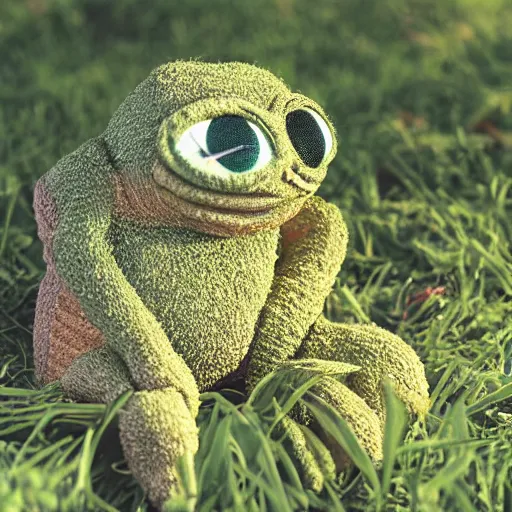 Image similar to Pepe the Frog. Pepe the Frog sitting on a picnic in the park. 35mm, focused, soft lights, International Photography Awards, photo by Steve Hanks, Pepe-art