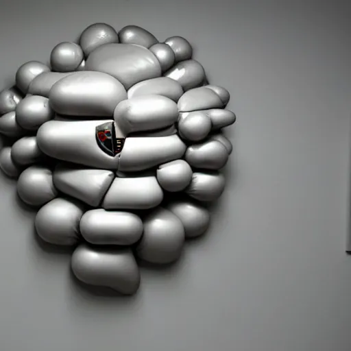 Image similar to an abstract object floating in space made out of porsche parts on a light grey background erwin wurm