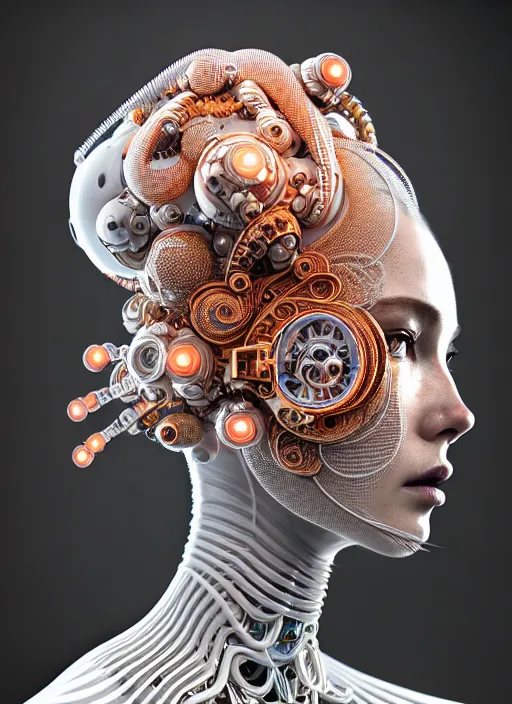 Image similar to portrait of an absurdly beautiful, graceful, sophisticated, fashionable cyberpunk mechanoid, hyperdetailed illustration by irakli nadar and alexandre ferra, intricate linework, white porcelain skin, faberge, coral headdress, unreal engine 5 highly rendered, global illumination, radiant light, detailed and intricate environment