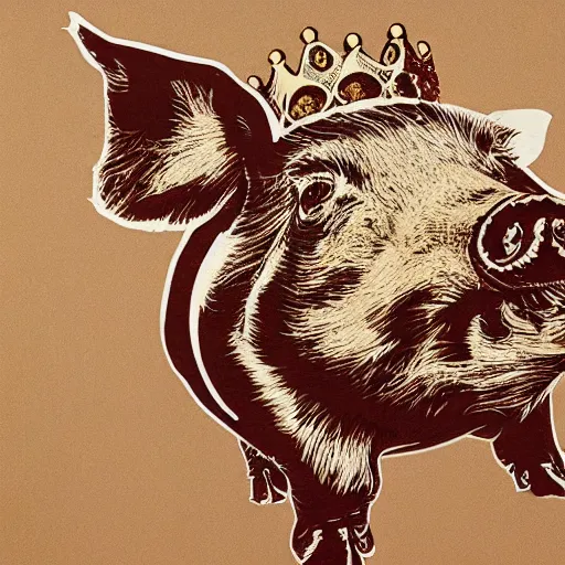 Prompt: Sideview Portrait of pig wearing a gold crown on it's head Shepard Fairey