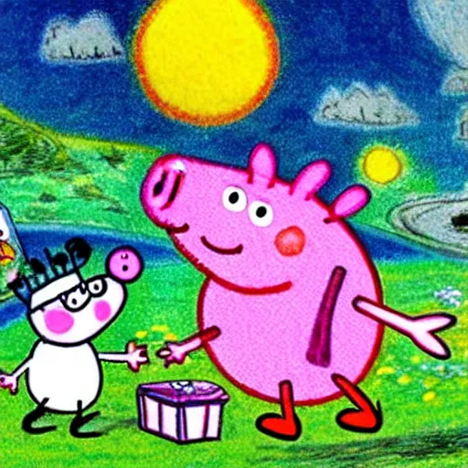 Prompt: Peppa Pig meets the moonmins at last. Peppa Pig and the Moomins eat a picnic in front of the sea. Moomintroll gives an apple to Moominpappa. Beautiful drawing