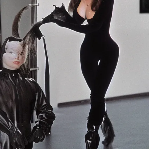 Image similar to ornella muti as cat woman unzipping her jumpsuit, 8 k resolution hyperdetailed photo realistic, extremely high quality and life like