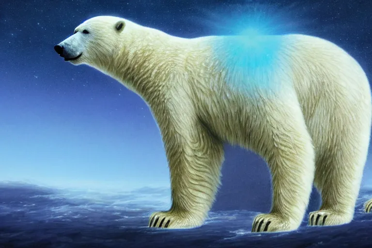 Image similar to polar bear blessed by the amoeba, painted by russ nicholson and chesley bonestell, trending on artstation, dramatic red or cyan lighting tilt - shift multiple exposure, doge, colored pencil art, macro, monumentalism