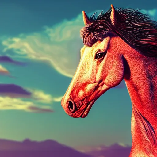 Prompt: digital horse, retrowave palette, highly detailed, anatomically correct equine, synth feel, smooth face, soft fur, ear floof, flowing mane, no reins, super realism, accurate animal imagery, 4 k digital art