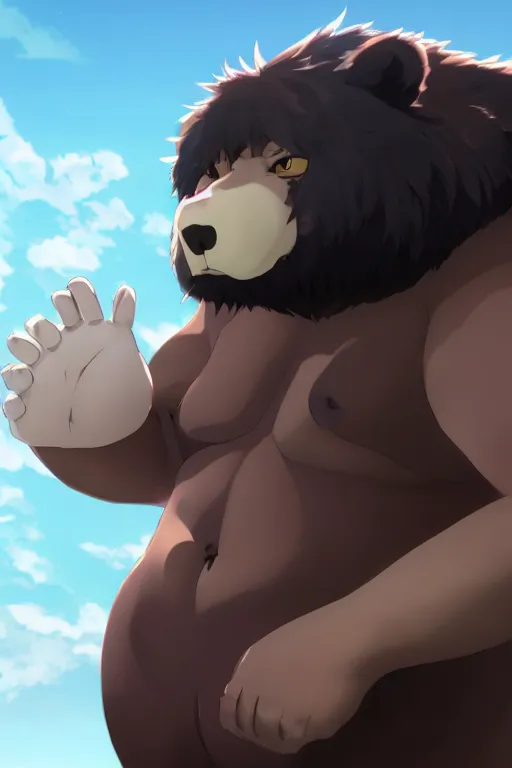 Image similar to overweight heavily scarred bear with black fur wearing a white loincloth, fursona, anthro, male, anime key visual, detailed fur, makoto shinkai