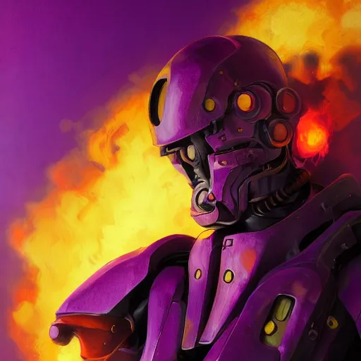 Prompt: Character design sketch with body made of Purple Lava and fire, mecha humanoid with cyberpunk bomber jacket, concept art character, royalty, smooth, sharp focus, organic, deep shadows by Heri Irawan, hyperrealistic oil painting, 4k, studio lightning