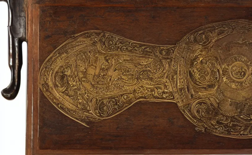 Prompt: golden musket with engravings laying on a wooden table, complex, high detail