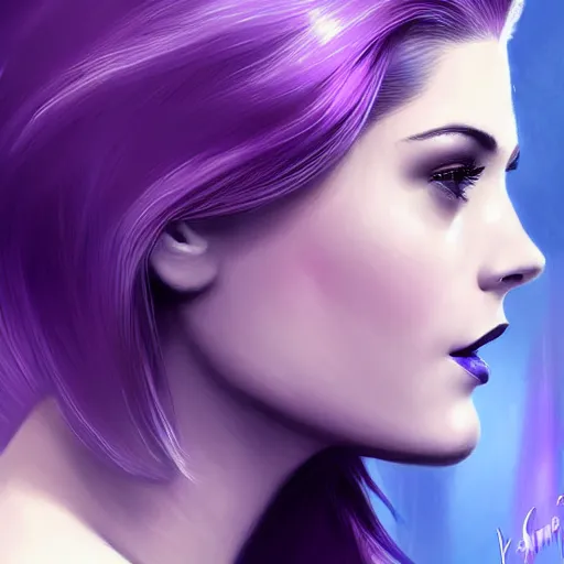 Prompt: A combination of Grace Kelly's and Katheryn Winnick's and Ashley Greene's faces with short violet hair as Cortana, cyberpunk style, synthwave aesthetic, fantasy, intricate, elegant, highly detailed, digital painting, artstation, concept art, matte, sharp focus, illustration, half body portrait, anime style, art by Artgerm and Greg Rutkowski and Alphonse Mucha