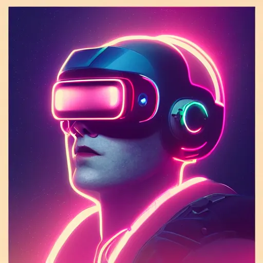 Image similar to cyberpunk cool bot, cinema 4 d, galaxy, ufo, space sci - fi, wearing vr goggles, illustration, portrait, pastel neon textured background night, trending on artstation, greg rutkowski, octane rendered, 1 2 k, detailed,