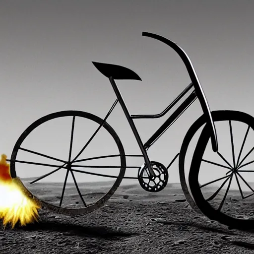 Image similar to a stainless steel bike, with swiss cheese wheels a wheel, a rat cycling fast on the surface of the moon and drives away from a huge and dangerous mushroom cloud of a nuclear explosion. photorealistic