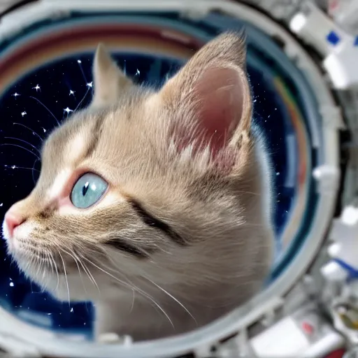 Image similar to a cute kitten riding on a rocket in space