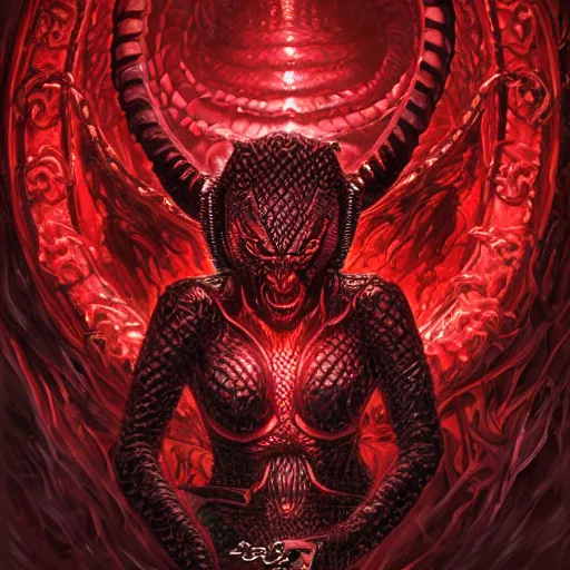 Prompt: hybrid snake, dark angel, demon, satan, red eyes, chain, handcuffs, large chain, wide open mouth, scream, cruelty, light effect, hyper detailed, intricate, elegant, highly detailed, digital painting, artstation, concept art, matte, sharp focus, illustration, by dan mumford, yusuke murata, makoto shinkai, ross tran