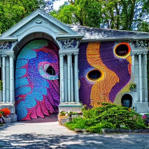 Prompt: The exterior of the house is covered in colorful scales, inspired by a dragon. The windows are large and oval-shaped, like a dragon's eyes. There are two big doors that resemble a dragon's mouth, flanked by two columns that look like horns. photo.