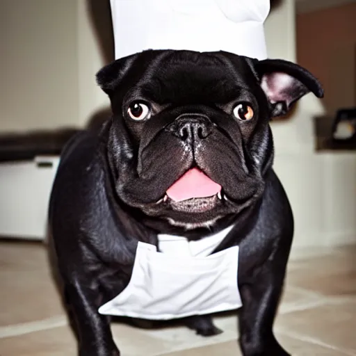 Image similar to black French Bulldog dressed as a chef