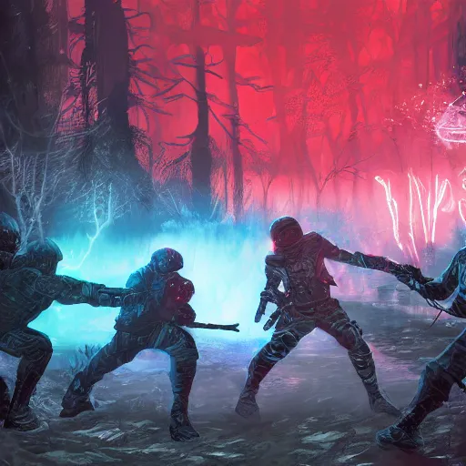 Image similar to tactical combat squad in red hoods fighting otherworldly monsters between the mystical foggy swamp. Style as if Dan Mumford and Tsutomu Nihei make game in Unreal Engine, photorealism, colorful, finalRender iridescent fantasy concept art 8k resolution concept art ink drawing volumetric lighting bioluminescence, plasma, neon, brimming with energy, electricity, power, Colorful Sci-Fi Steampunk Biological Living, cel-shaded, depth, particles, lots of reflective surfaces, subsurface scattering
