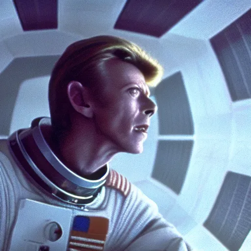 Image similar to film still of David Bowie as David Bowman in 2001 a space odyssey, 4k