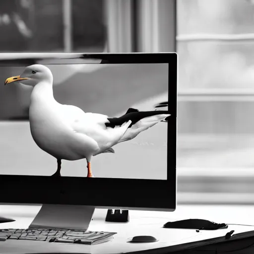 Image similar to an angry seagull typing at a computer in it's bedroom, close up, studio portrait