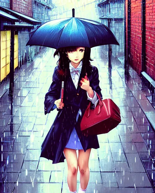 Image similar to cute girl with umbrella in the rain, walking in an alley. | very very anime!!!, fine - face, audrey plaza, realistic shaded perfect face, fine details. anime. realistic shaded lighting poster by ilya kuvshinov katsuhiro otomo ghost, magali villeneuve, artgerm, jeremy lipkin and michael garmash and rob rey