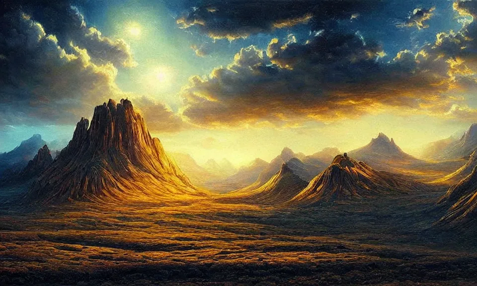 Image similar to the most beautiful landscape, oil painting, alien breathtaking landscape, cinematic lighting, highly detailed, very realistic