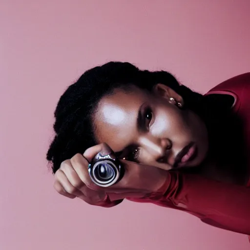 Image similar to realistic! photoshoot for a new nike lookbook, color film photography, portrait of a beautiful woman, red frontal light, in style of tyler mitchell, 35mm