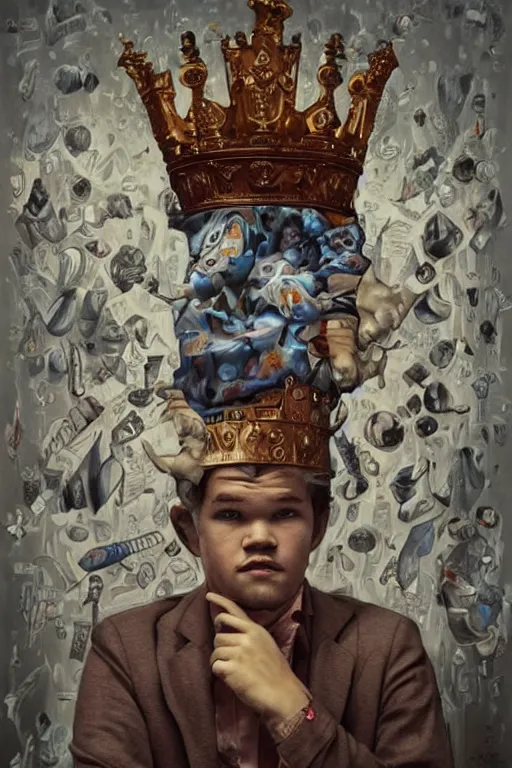 Image similar to magnus carlsen as supreme king of chess, a surrealist painting by james jean, trending on cgsociety, pop surrealism, androgynous, grotesque, angular