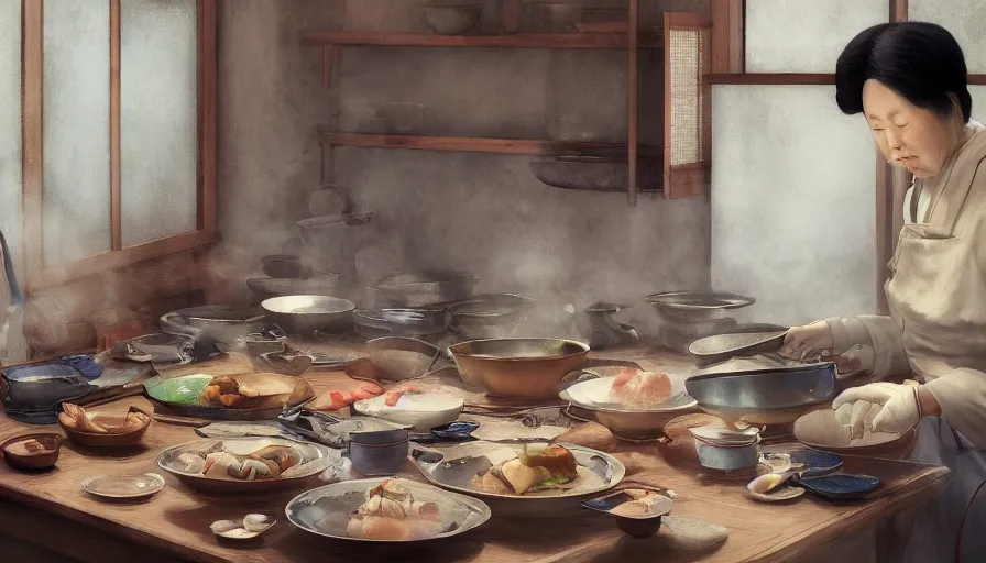 Image similar to old japanese lady cooking, old 1 9 0 0's kitchen, pan and plates, hyperdetailed, artstation, cgsociety, 8 k