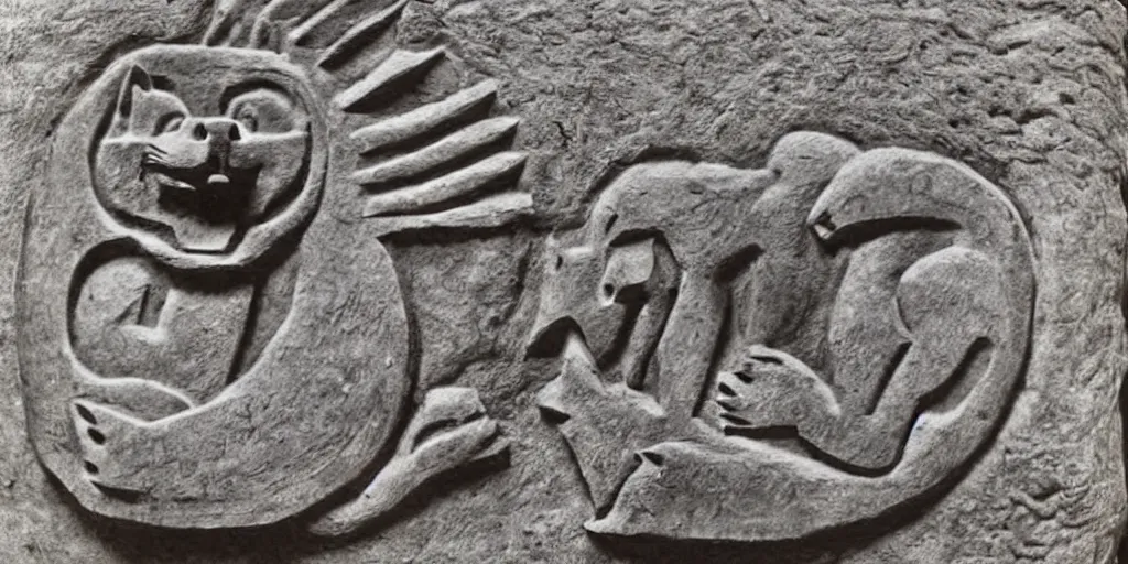 Image similar to anthropomorphic furry wolf depicted in ancient stone carving, 1900s photograph