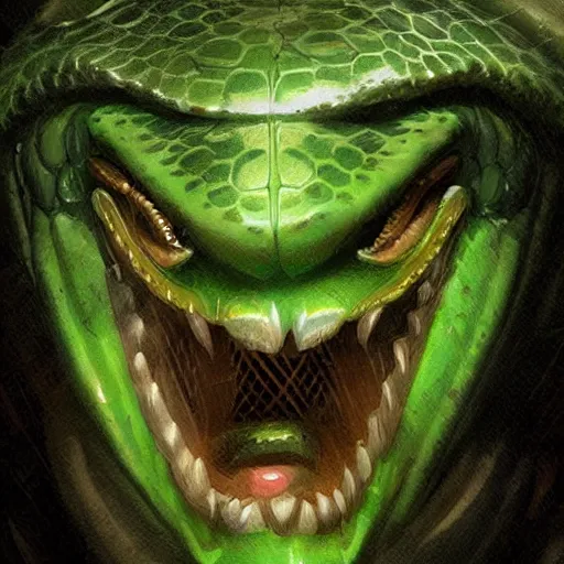 Prompt: a green snake-head female assassin, snake fangs, green theme, epic fantasy digital art, fantasy style art, by Greg Rutkowski, fantasy hearthstone card art style