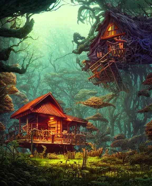 Image similar to a whimsical cabin made from exotic fungus, overgrown with huge rare fungus, deep in the woods, by dan mumford, yusuke murata, makoto shinkai, ross tran, underwater, hellish, cinematic, unreal engine, cel shaded, featured on artstation, pixiv