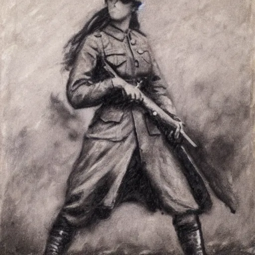 Image similar to ww 1 action heroine, by alfred stevens in charcoal