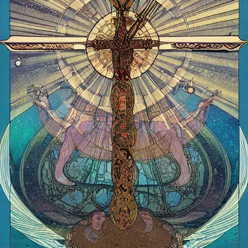 Image similar to a spiritual cross on top of a holy mountain, holy geometry, Mucha, Moebius, Mohrbacher