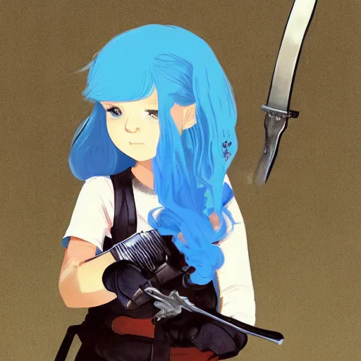 Prompt: ilya kuvshinov with long hair, sky blue hair, hazel eyes, boyish face, wielding a sword and shield, professional digital painting, concept art, award - winning photography, cinematic, forest background, awe, regal, wlop, art by andy warhol, pixiv art, yoshitaka amano