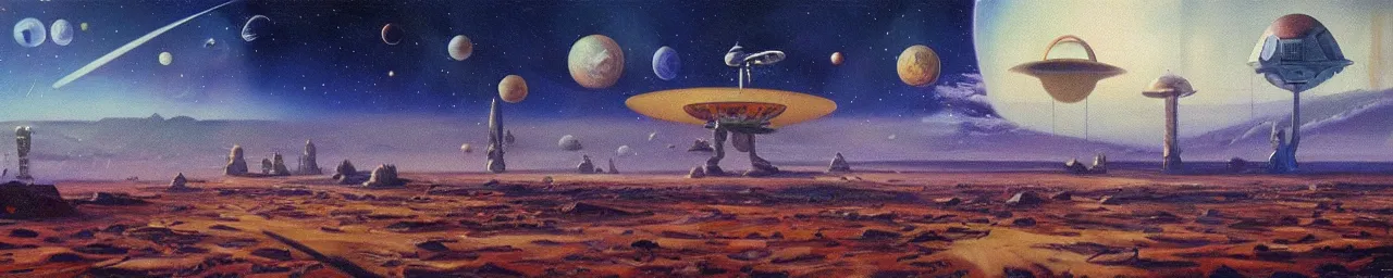 Prompt: retro sci-fi oil painting of an alien landscape with a busy spaceport