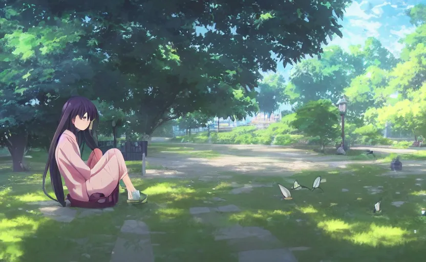 Image similar to An anime girl sitting in a park, feeding the birds, anime scenery by Makoto Shinkai, digital art