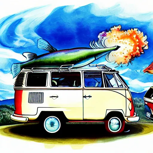 Image similar to a fisheye perspective caricature watercolor painting of a vw volkswagen bus, camper, bulli, type - 2, microbus, kombi, flying towards the camera, jumping at the viewer, dynamic action shot, fish eye lense, frontal, a dramatically erupting vulcano is seen in the background