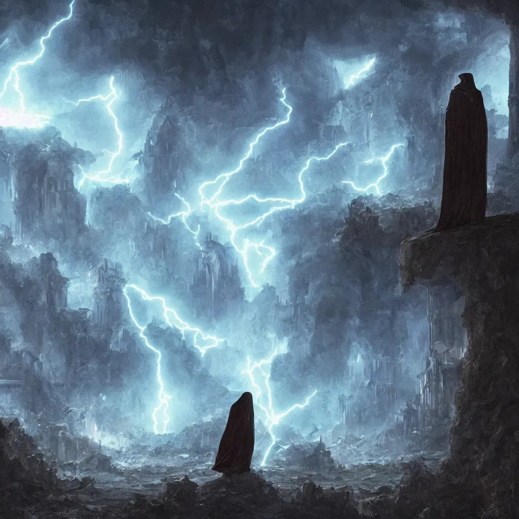 Image similar to a still of a cloaked figure standing in the ruins of crux prime, monastery, there is lightning, blue fiery maelstrom in the distance, it is raining, digital art, artstationhq