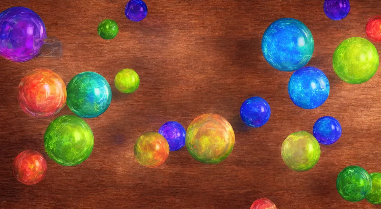 Prompt: 3 glass orbs containing different colorful energetic storms, the glass orbs are sitting on a wooden table in ambient sunlight, photorealistic, cinematic, depth of field, award winning, high resolution, intricate details