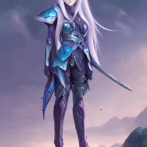 Prompt: an elf girl with pale grey skin with blues and long purple hair, wearing armor, highly detailed, digital painting, artstation, matte, by makoto shinkai, animation style