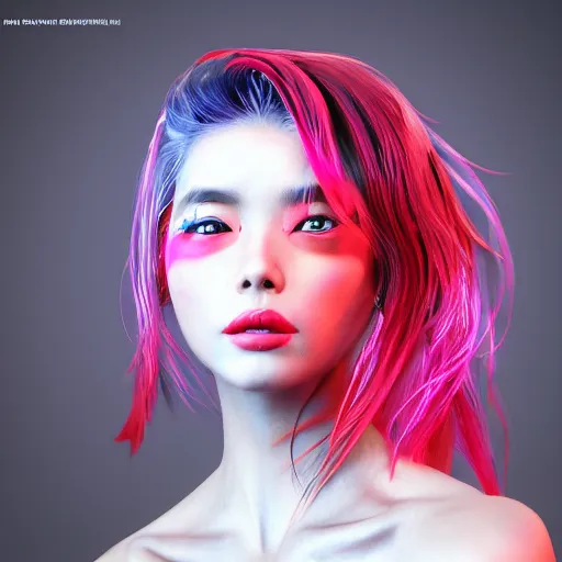 Prompt: japanese model with maximalist hair style and makeup, bright colors, fashion model, unreal engine octane, red and white, portrait, gliter, depth of field, 8 k, hyper detailed, intricate, trending on artstation