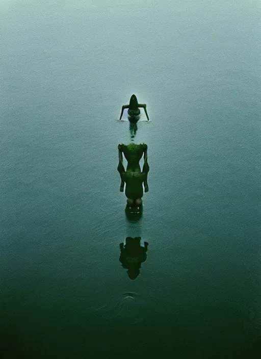 Image similar to “pepe the frog vertically hovering above misty lake waters in jesus christ pose, low angle, long cinematic shot by Andrei Tarkovsky, paranormal, eerie, mystical”