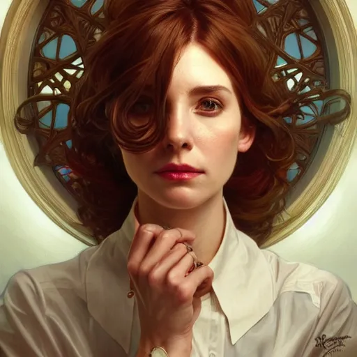 Image similar to perfectly - centered - portrait of a crazy secretary, intricate, highly detailed, digital painting, artstation, concept art, smooth, sharp focus, illustration, unreal engine 5, 8 k, art by artgerm and greg rutkowski and alphonse mucha